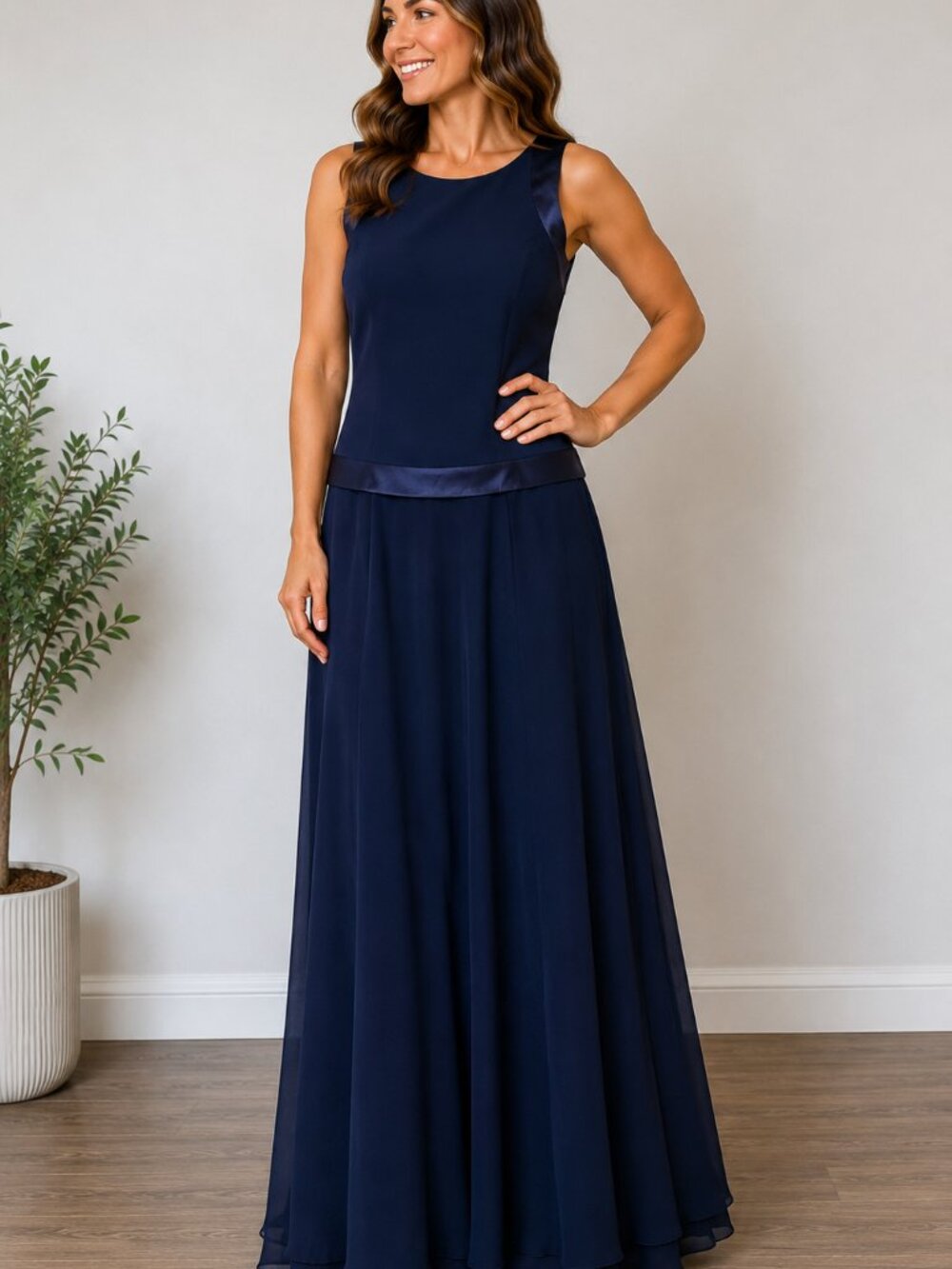 Jones New York Evening Navy Satin Trim Maxi Gown Dress Size 8 Formal Vint